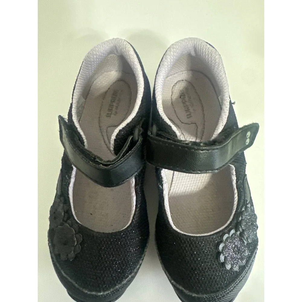 Surprize by Stride Rite Katelyn Black Glitter Flower Mary Jane Shoes Kids Size 8
